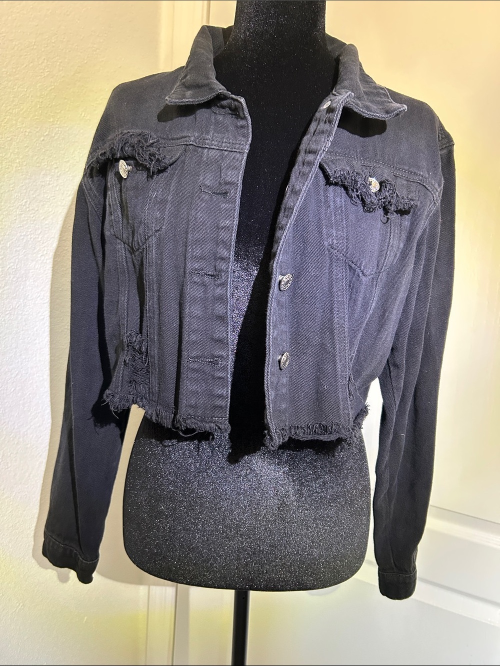 Jacket with araw frayed hem and metal button